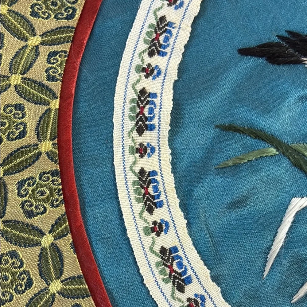 Vintage Chinese Silk Placemat with Floral Bird Embroidered Center - Brocade